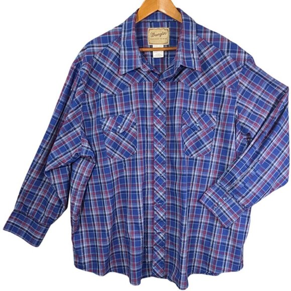 Wrangler Other - Wrangler Western Shirt Mens 3XL Pearl Snap Blue Plaid Metallic Thread Pockets